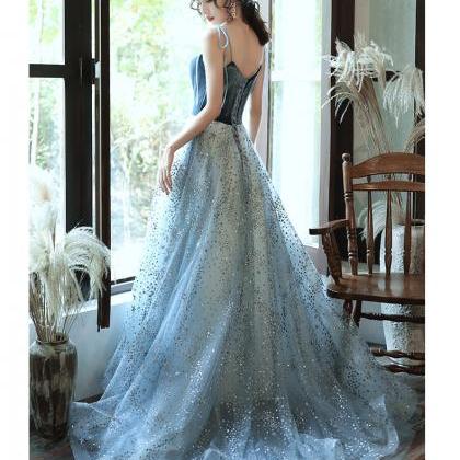 Blue Tulle And Velvet Straps Beaded Evening Dress,..
