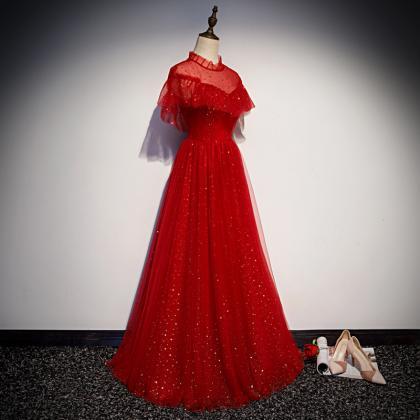 Beautiful Red Sequins Tulle High Neckline Long..