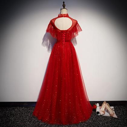 Beautiful Red Sequins Tulle High Neckline Long..