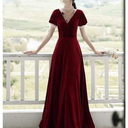 Wine Red Elegant Velvet Short Sleeves Wedding..
