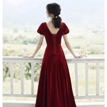 Wine Red Elegant Velvet Short Sleeves Wedding..