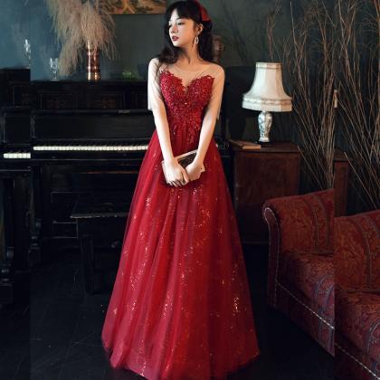 Wine Red Tulle With Lace Long Round Neckline Floor..