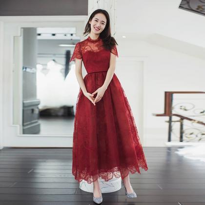 Dark Red Lace Cap Sleeves Tea Length Party Dress,..