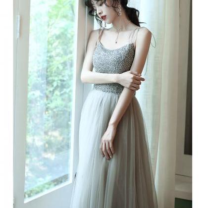 Grey Beaded Straps Tulle Long Evening Gown Party..