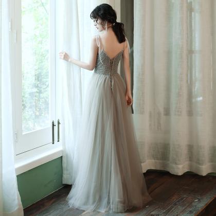 Grey Beaded Straps Tulle Long Evening Gown Party..