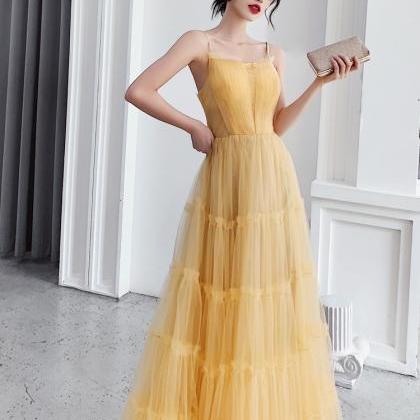 Light Yellow Straps Tulle A-line Long Evening..