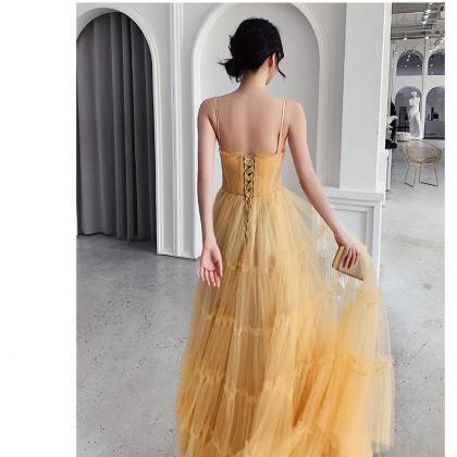 Light Yellow Straps Tulle A-line Long Evening..