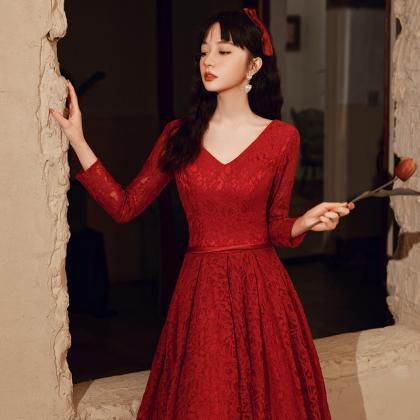 Red Lace V-neckline Short Sleeves Long Prom Dress,..