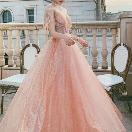Pink Tulle Round Neckline Long Prom Dress Party..