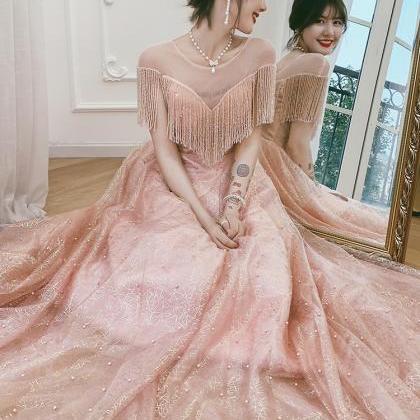 Pink Tulle Round Neckline Long Prom Dress Party..
