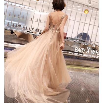 Champagne V-neckline Lace Tulle Long Formal Dress..