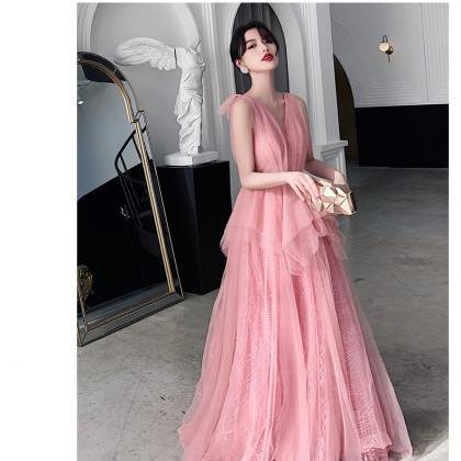 Pink Tulle Unique Style Floor Length Party Dress..