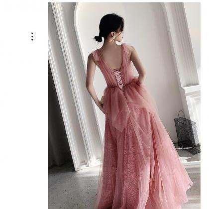 Pink Tulle Unique Style Floor Length Party Dress..