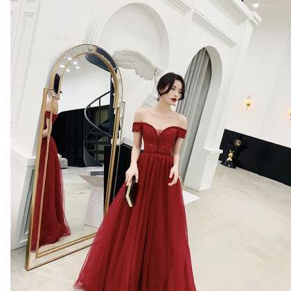 Wine Red Off Shoulder Lace Beaded Floor Length..