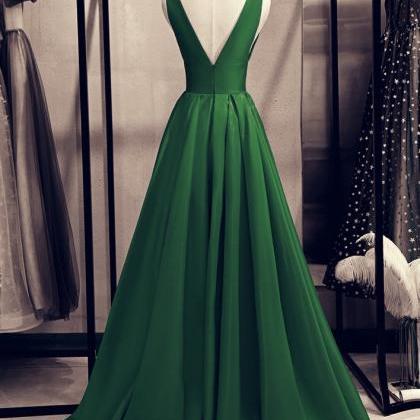 A-line Green Satin Long Evening Dress Prom Dress,..