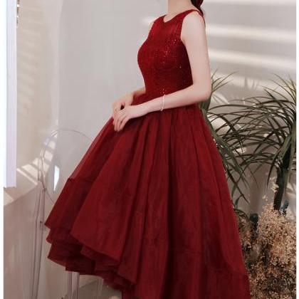 High Low Wine Red Organza Beaded And Lace Party..