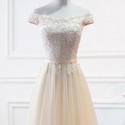 Cute Short Lace And Tulle Champagne Party Dress,..