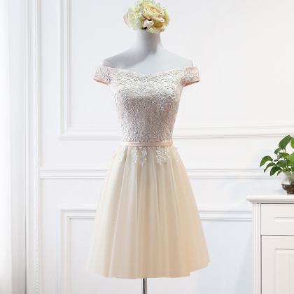 Cute Short Lace And Tulle Champagne Party Dress,..