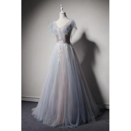 Light Blue And Pink V-neckline Tulle With Lace..