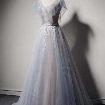 Light Blue And Pink V-neckline Tulle With Lace..