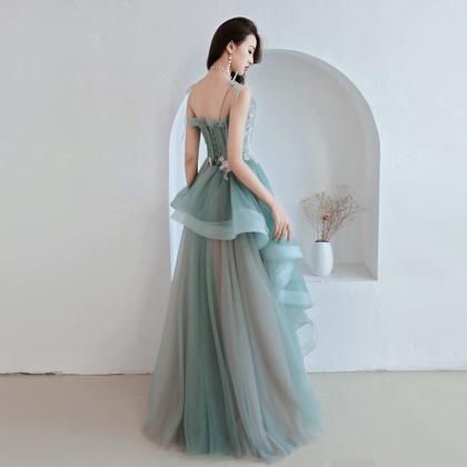 Green And Pink Tulle Long Prom Dresses With Flower..