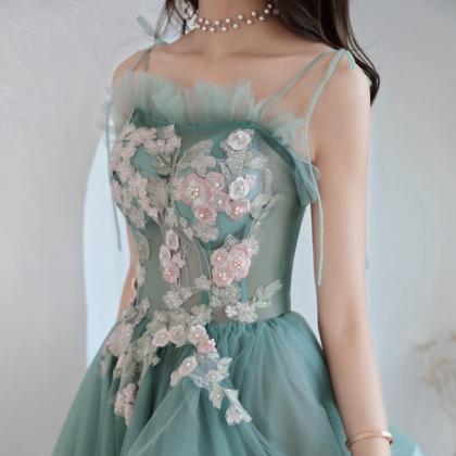 Green And Pink Tulle Long Prom Dresses With Flower..