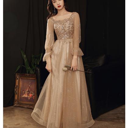 Champagne Tulle Long Sleeves With Lace Applique..