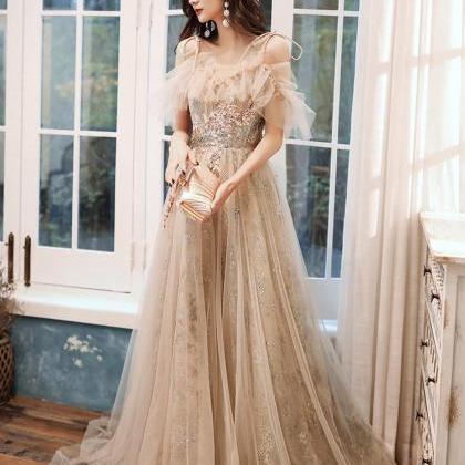 Champagne Tulle A-line Off Shoulder Lace Long..