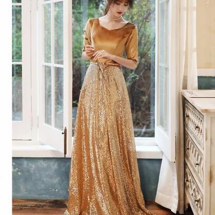 Golden Sequins And Velvet A-line Floor Length..