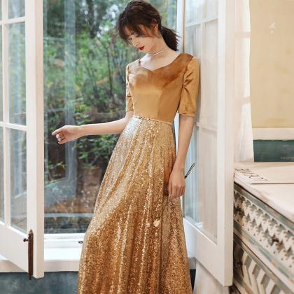 Golden Sequins And Velvet A-line Floor Length..