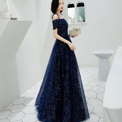Navy Blue Sweetheart Shiny Tulle Off Shoulder..
