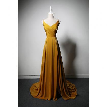 V-neckline Straps Long Gold Simple Party Dress..