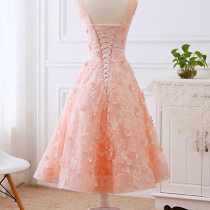 Pink Tea Length Flower Lace Round Neckline Wedding..