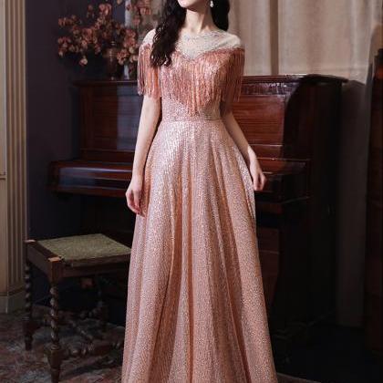 Pink Sequins Floor Length Long A-line Bridesmaid..