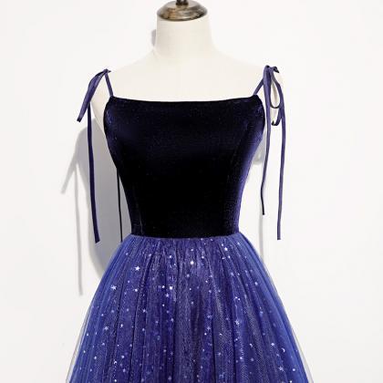 Blue Tulle With Velvet Top Straps Long Party..