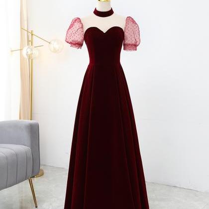 Elegant Wine Red Velvet Floor Length Party Dress,..