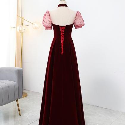 Elegant Wine Red Velvet Floor Length Party Dress,..