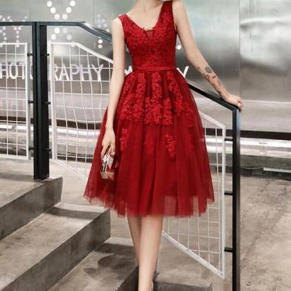Wine Red V-neckline Knee Length Party Dress..