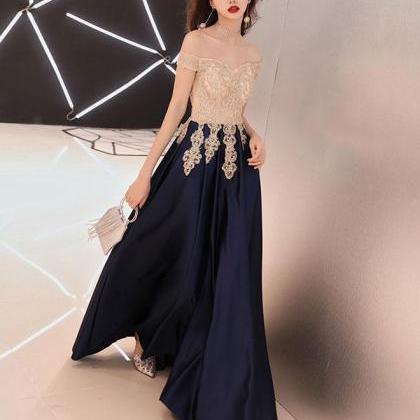 Blue Lace Off Shoulder Satin With Gold Lace Long..
