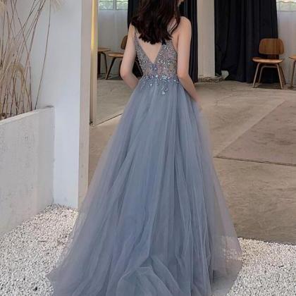 Sexy Beaded Tulle Long Evening Dress With Leg..