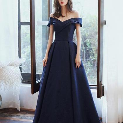 Navy Blue Satin Off Shoulder Long Party Dress Formal Dress, Sweetheart ...