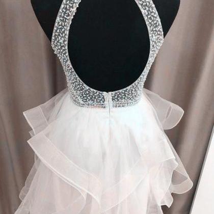White Beaded Tulle Layers Short Party Dress..