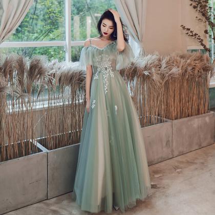 Mint Green And Champagne Off Shoulder Long Formal..
