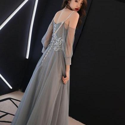 Grey Tulle Short Sleeves Long Tulle Party Dress..