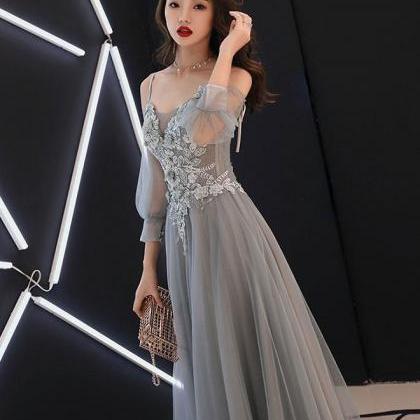 Grey Tulle Short Sleeves Long Tulle Party Dress..