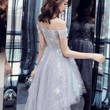 Light Grey Off Shoulder Lace Tulle Homecoming..