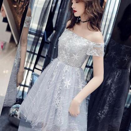 Light Grey Off Shoulder Lace Tulle Homecoming..