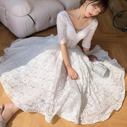 White Lace V-neckline Tea Length Party Dress..