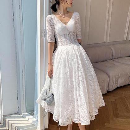 White Lace V-neckline Tea Length Party Dress..