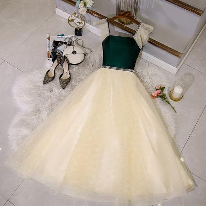 Champagne Lace And Green Satin Party Dresses..